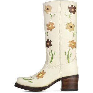 ⚡Women White Faux Leather Knee High with Flowers Square Toe Chunky Heel Boots